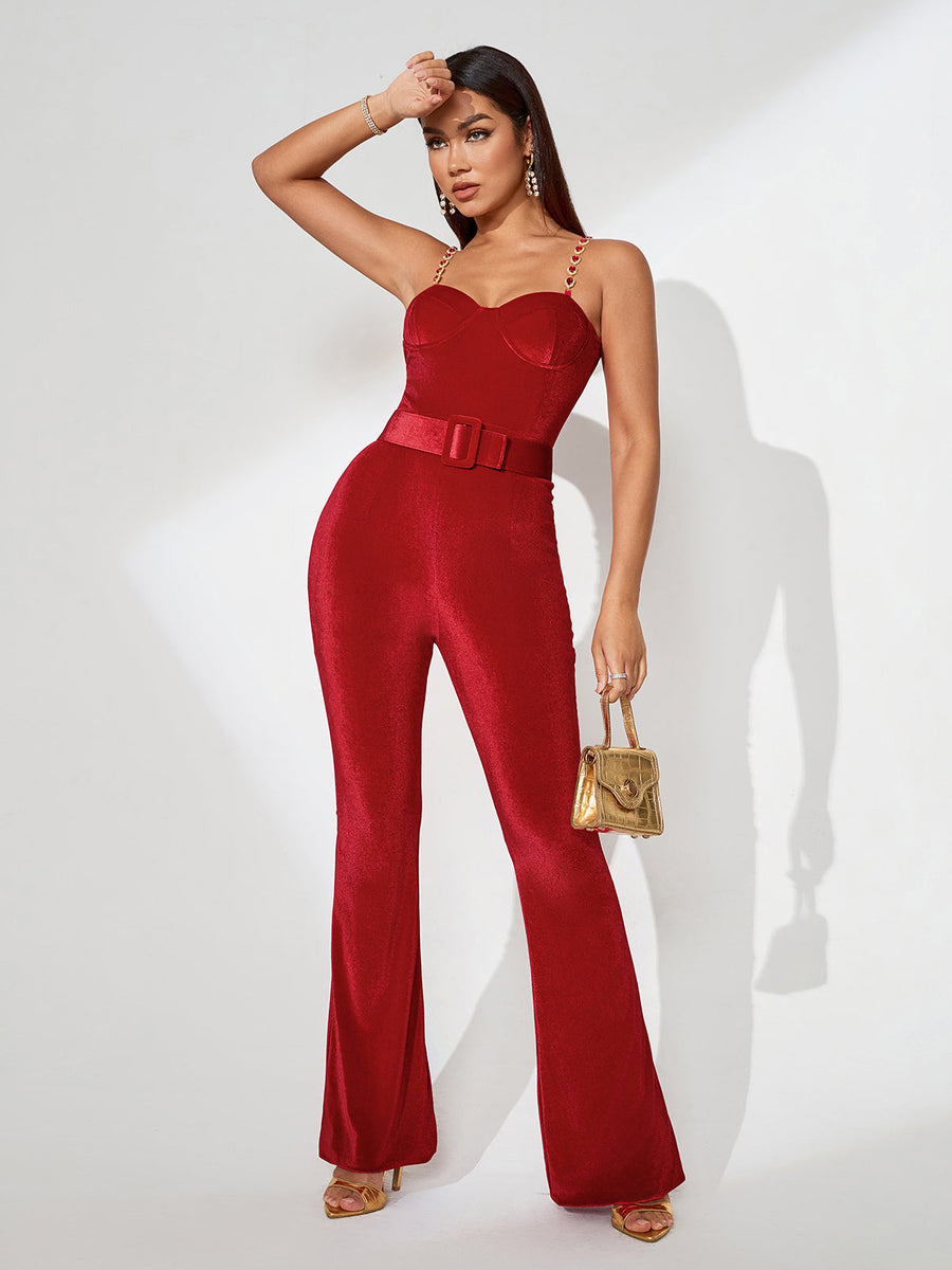 Harley Red Velvet Jumpsuit with Elegant Belt