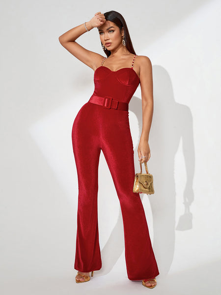 Harley Red Velvet Jumpsuit with Elegant Belt