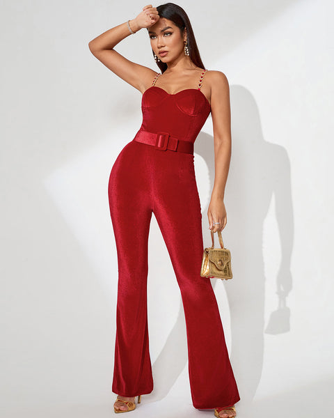Harley Red Velvet Jumpsuit with Elegant Belt