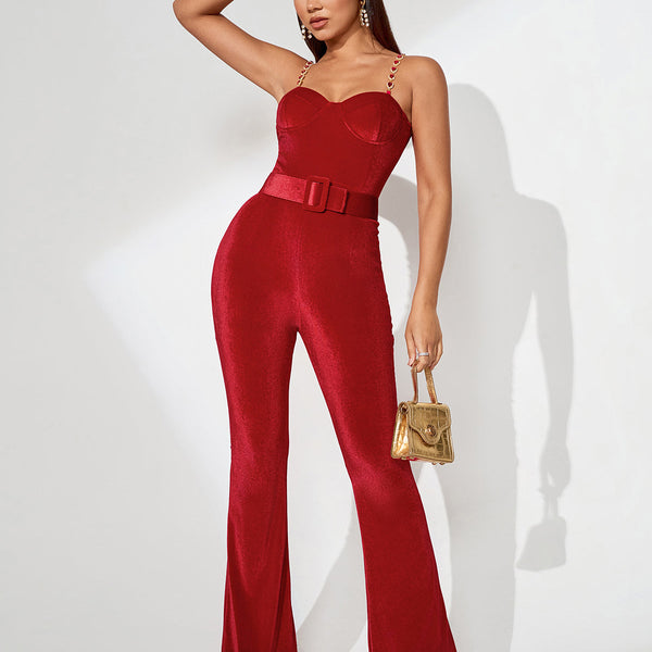Harley Red Velvet Jumpsuit with Elegant Belt