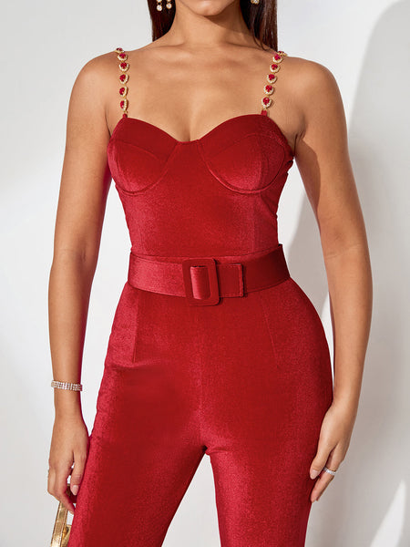 Harley Red Velvet Jumpsuit with Elegant Belt