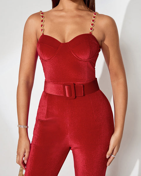 Harley Red Velvet Jumpsuit with Elegant Belt