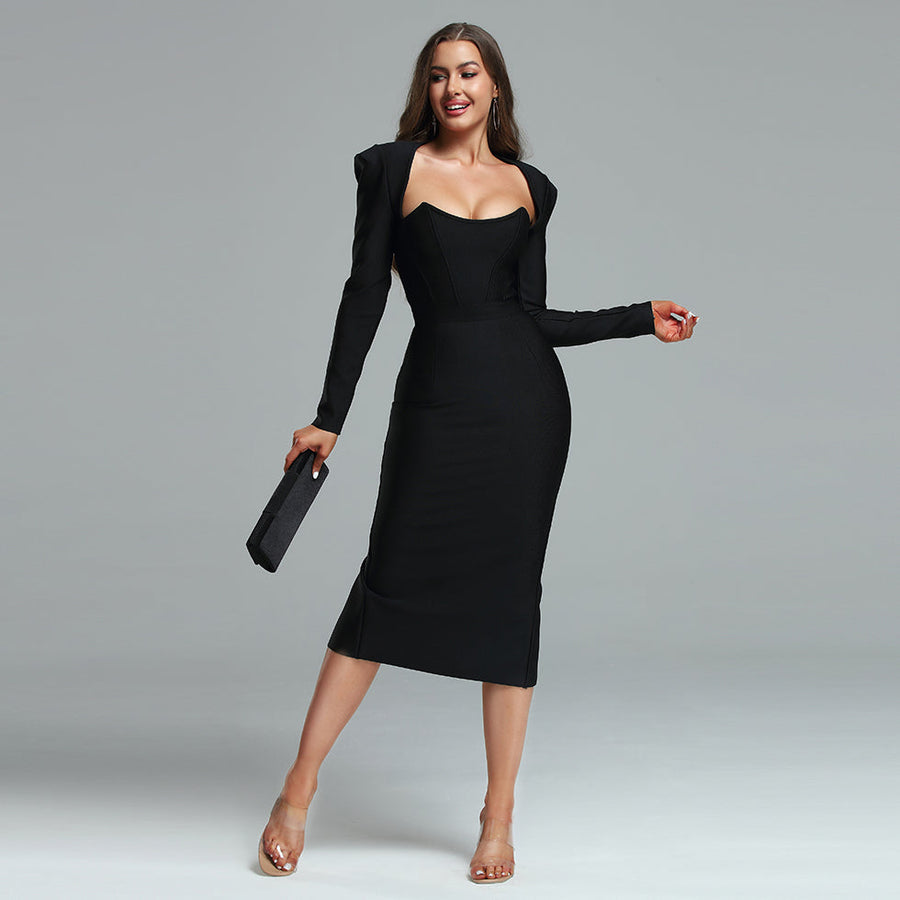 Evangeline Beaumont — Square Collar Back-Slit Midi Bandage Dress