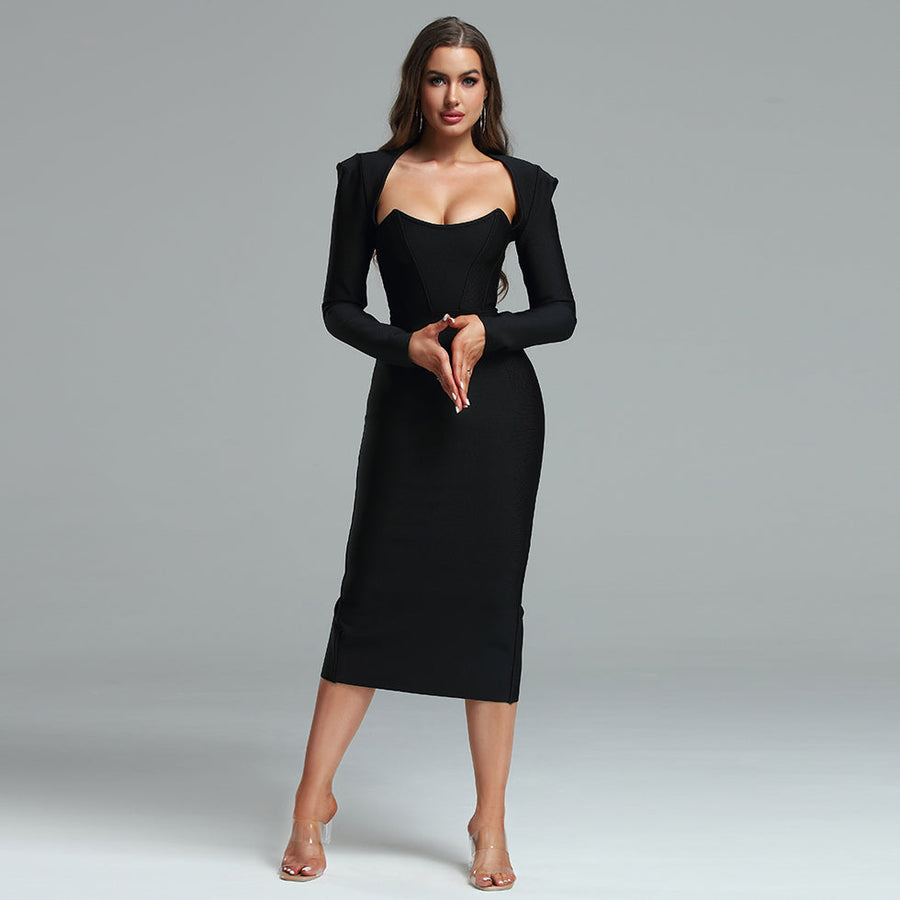 Square Collar Back-Slit Midi Bandage Dress