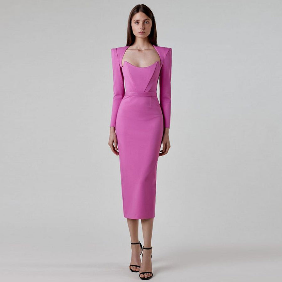 Square Collar Back-Slit Midi Bandage Dress