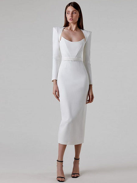 Square Collar Back-Slit Midi Bandage Dress