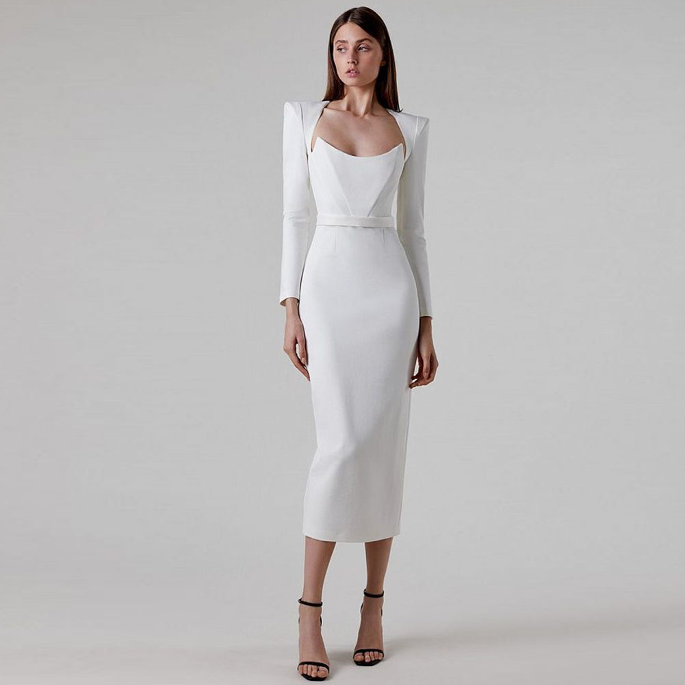 Evangeline Beaumont — Square Collar Back-Slit Midi Bandage Dress, alternate view 13