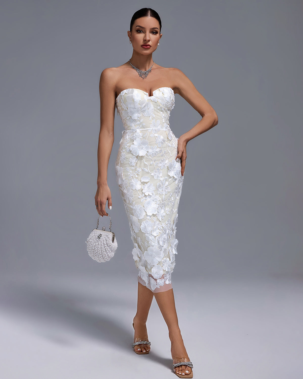 Lake Lefèvre — Strapless Floral Applique Midi Dress, alternate view 3