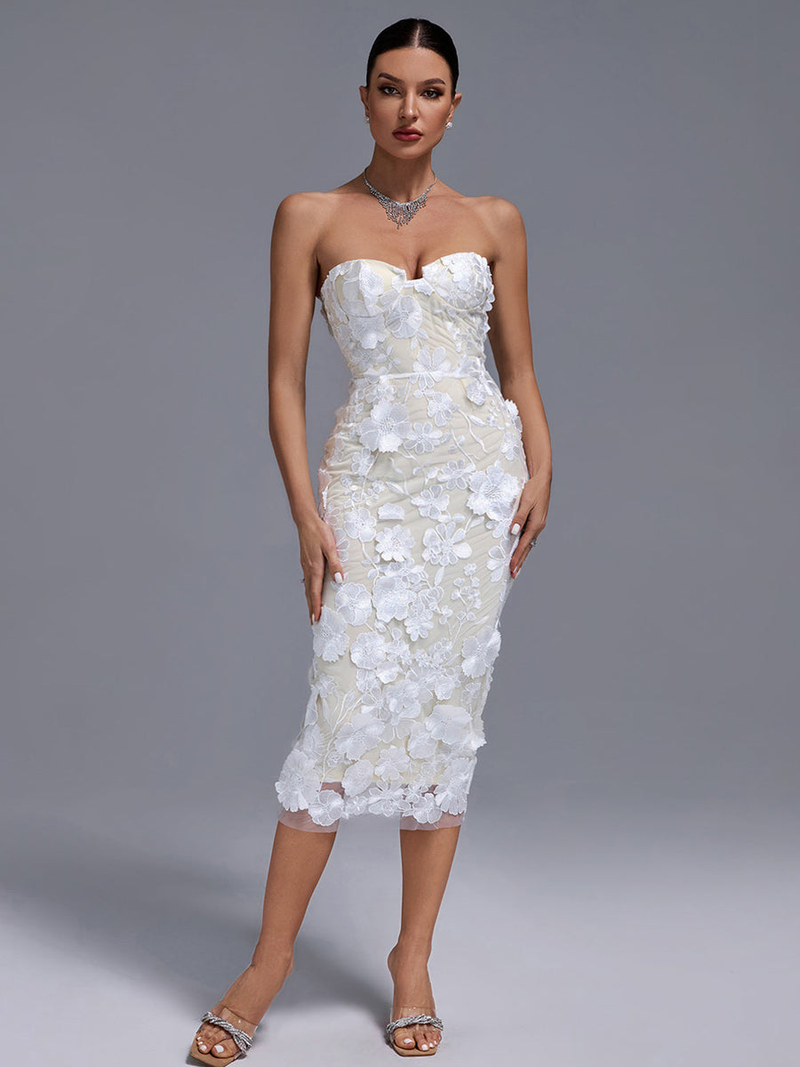 Strapless Floral Applique Midi Dress