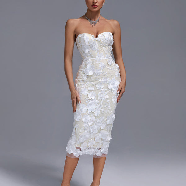 Strapless Floral Applique Midi Dress