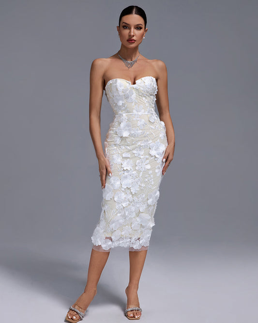 Strapless Floral Applique Midi Dress - Opulent Empire