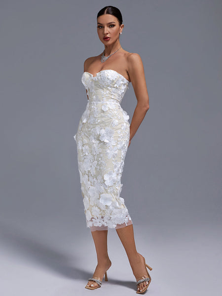 Strapless Floral Applique Midi Dress