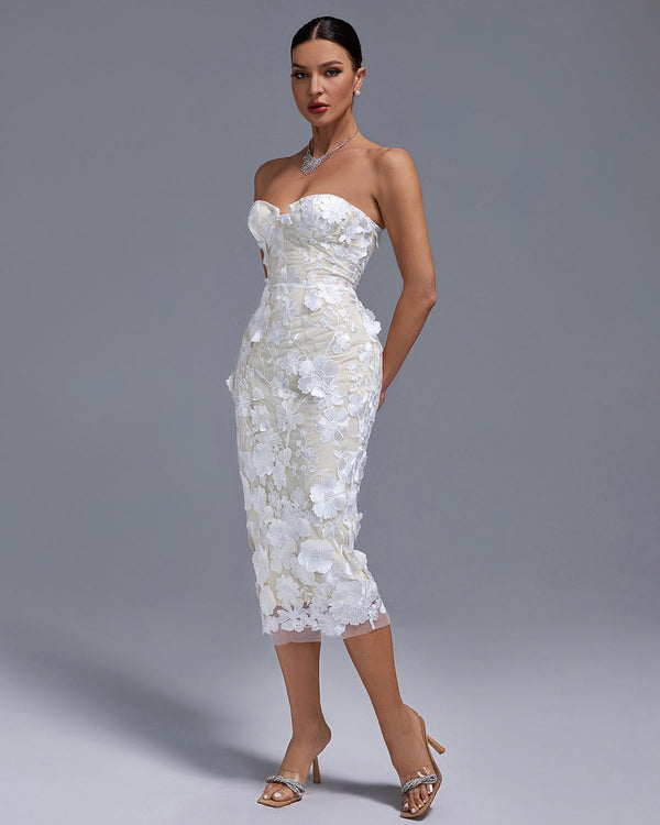 Strapless Floral Applique Midi Dress