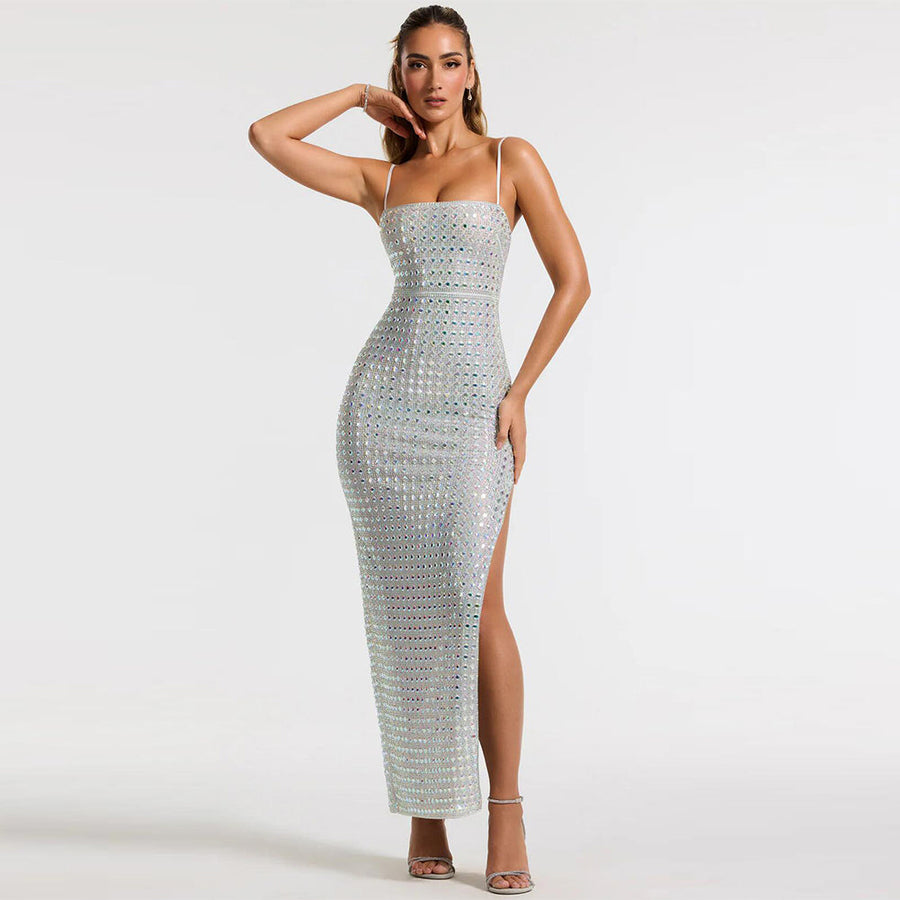 Strappy Sleeveless Rhinestone Maxi Bodycon Dress