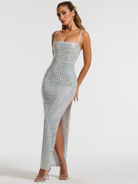 Strappy Sleeveless Rhinestone Maxi Bodycon Dress