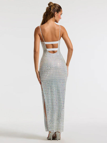 Strappy Sleeveless Rhinestone Maxi Bodycon Dress