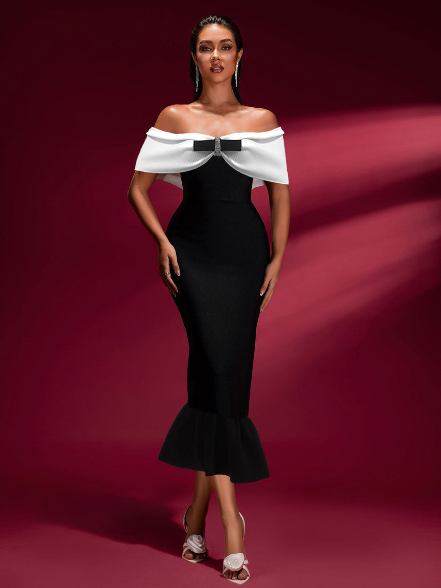 Off Shoulder Bow Fishtail Bandage Dress - Opulent Empire