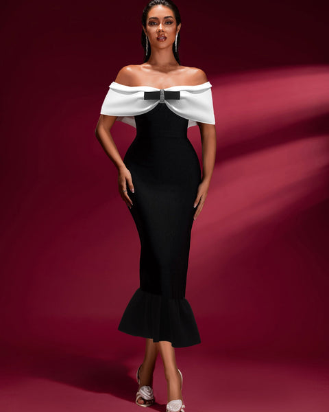 Off Shoulder Bow Fishtail Bandage Dress - Opulent Empire