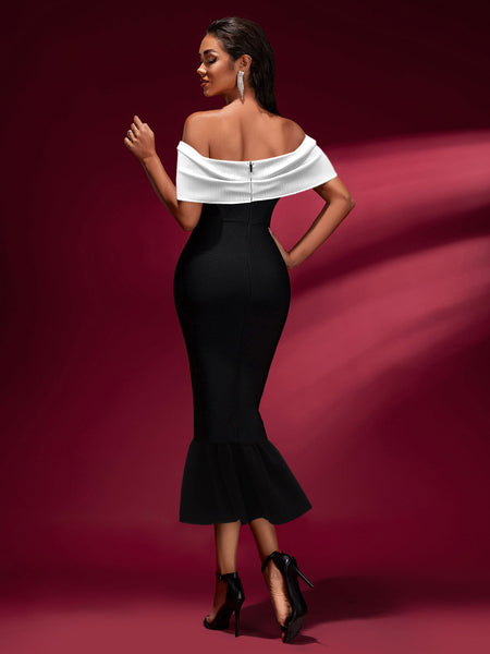 Off Shoulder Bow Fishtail Bandage Dress - Opulent Empire