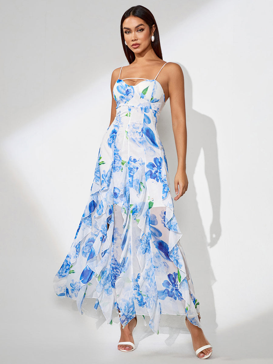 Blue Print Floral Vertical Ruffle Long Dress - Opulent Empire