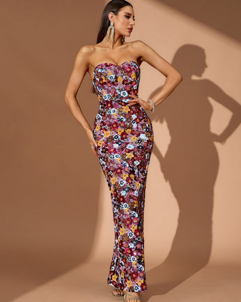 Strapless Floral Bustier Sequins Maxi Dress