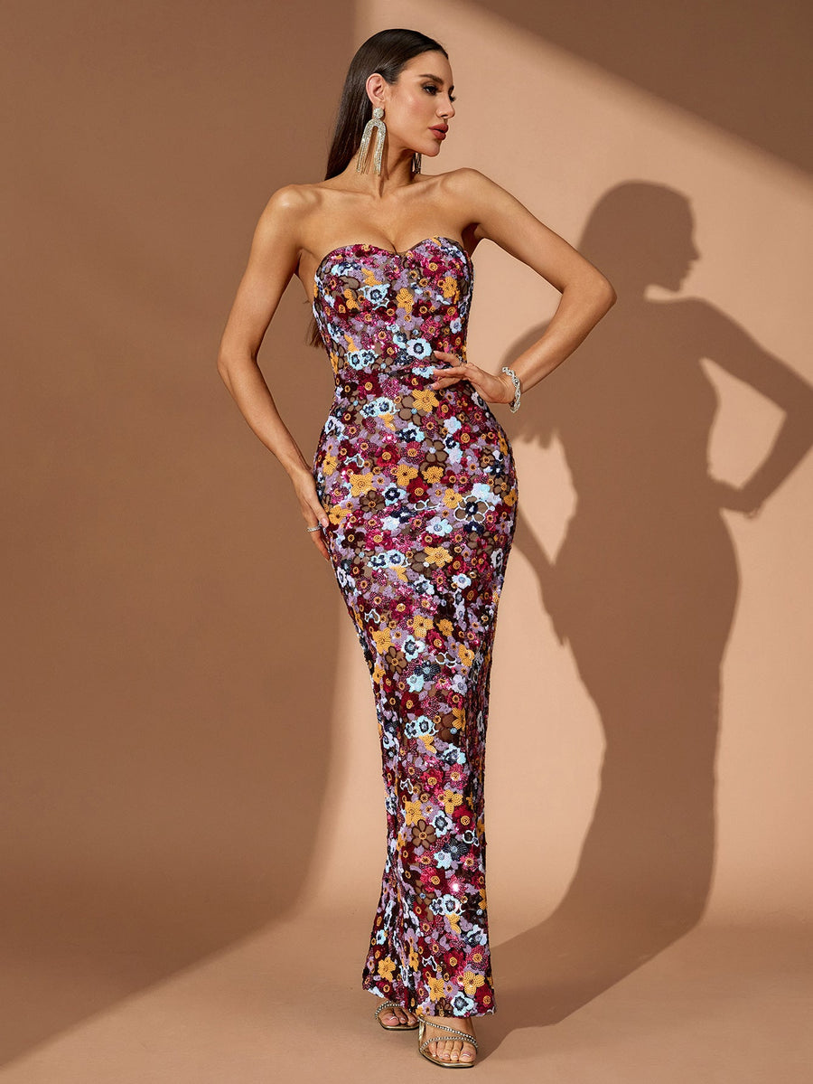 Vivienne Fontaine — Strapless Floral Bustier Sequins Maxi Dress