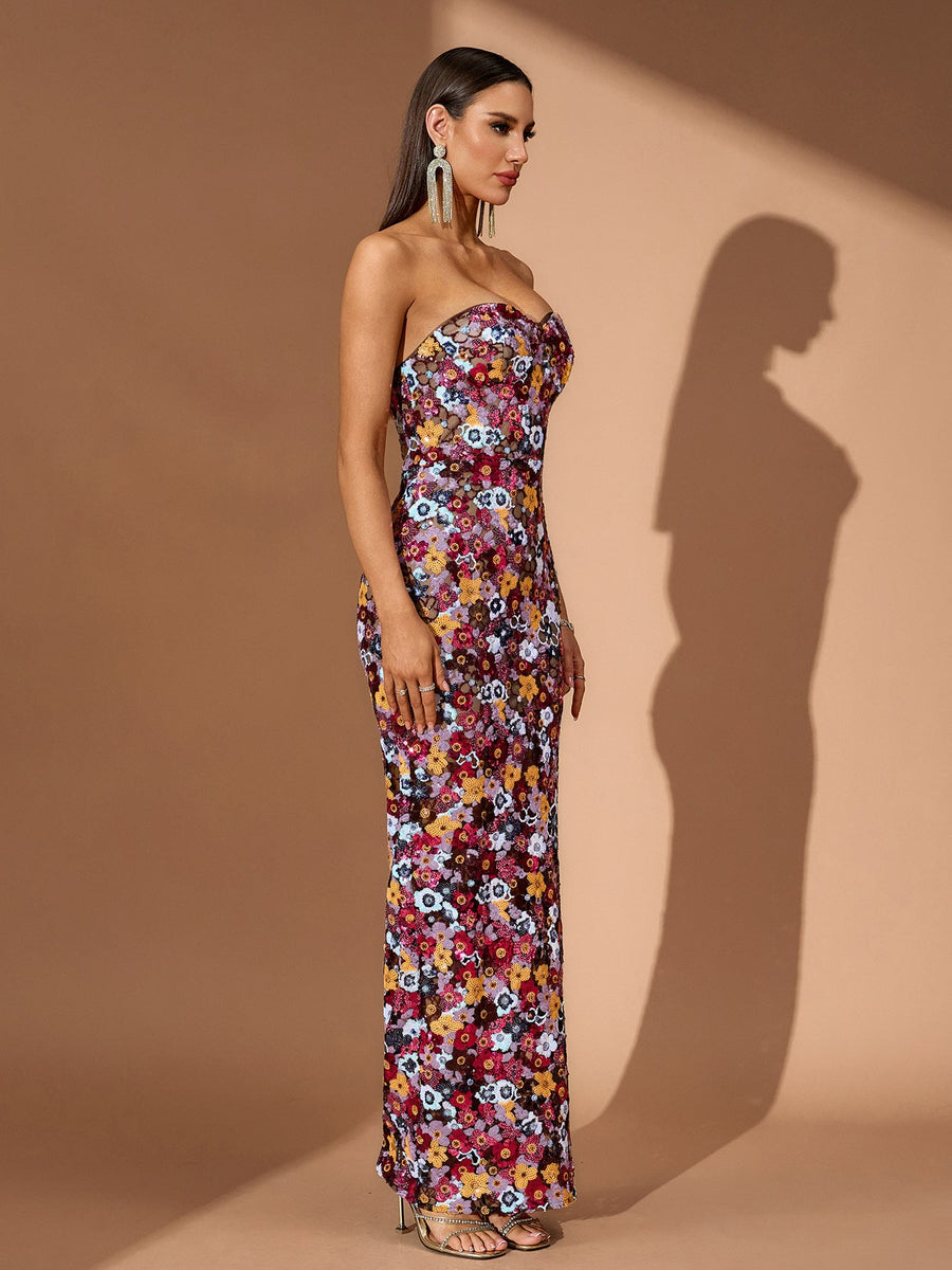 Strapless Floral Bustier Sequins Maxi Dress