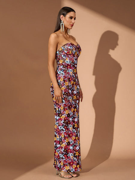 Strapless Floral Bustier Sequins Maxi Dress