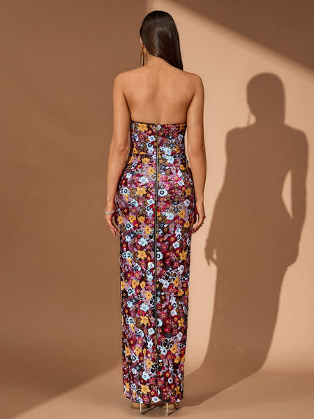 Strapless Floral Bustier Sequins Maxi Dress