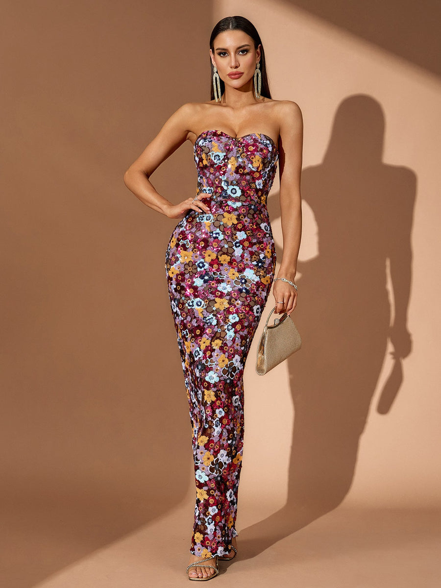 Strapless Floral Bustier Sequins Maxi Dress
