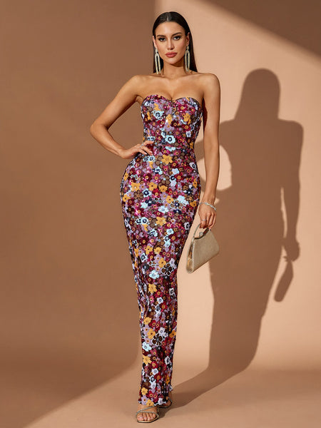 Strapless Floral Bustier Sequins Maxi Dress