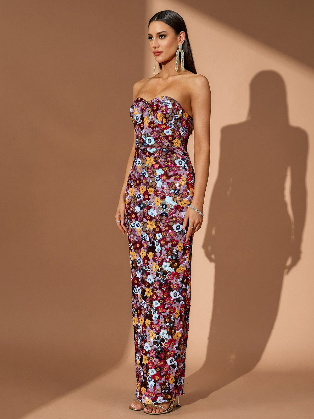 Vivienne Fontaine — Strapless Floral Bustier Sequins Maxi Dress, alternate view 6