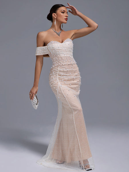 Off Shoulder Pearl Beaded Gauze Maxi Dress