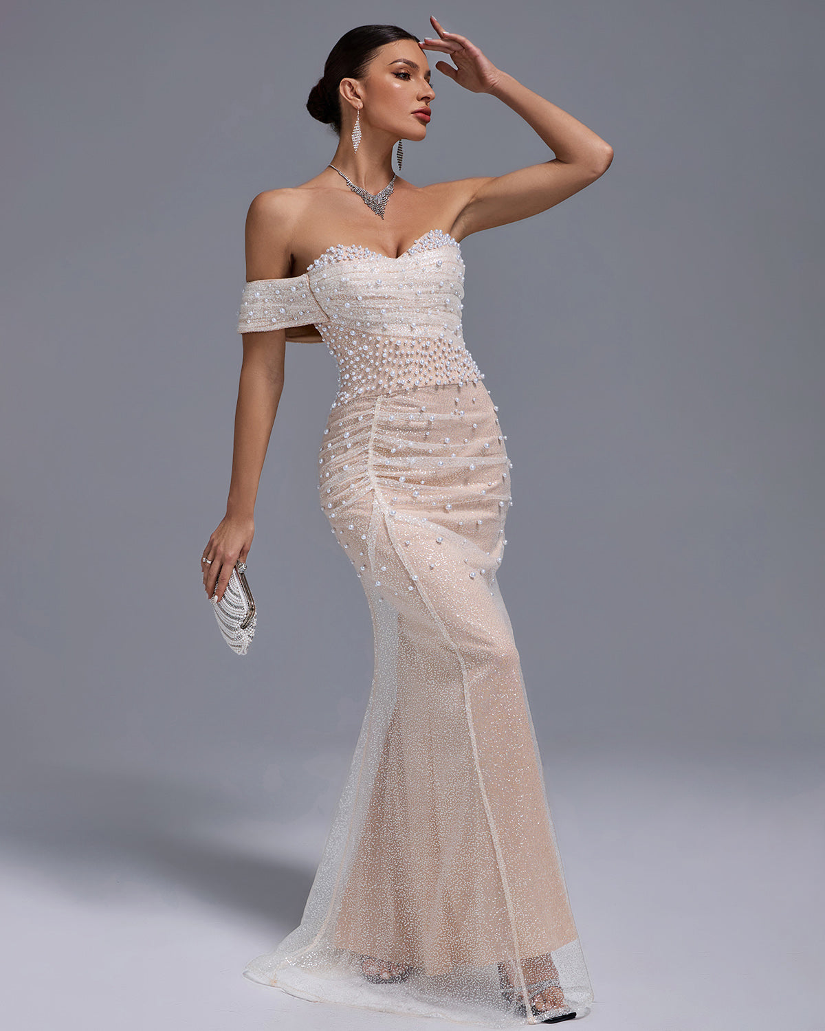 Off Shoulder Pearl Beaded Gauze Maxi Dress