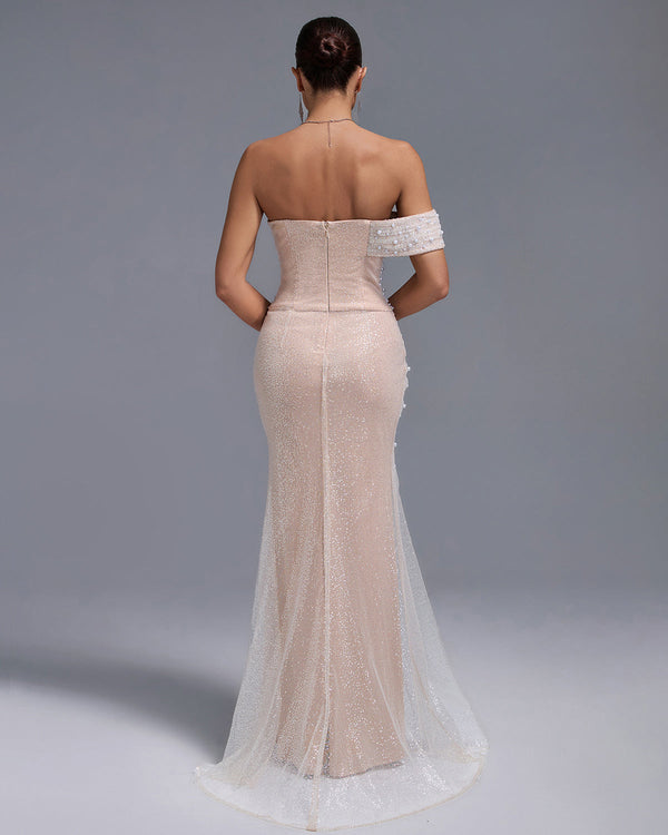 Off Shoulder Pearl Beaded Gauze Maxi Dress