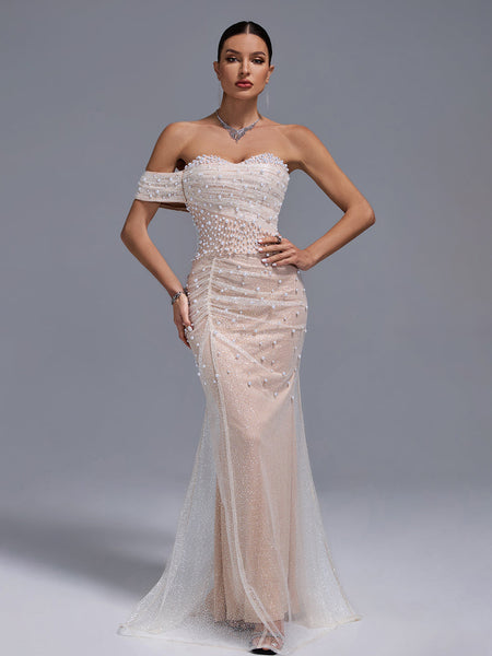 Off Shoulder Pearl Beaded Gauze Maxi Dress