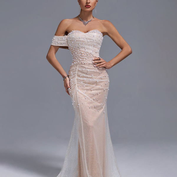 Off Shoulder Pearl Beaded Gauze Maxi Dress