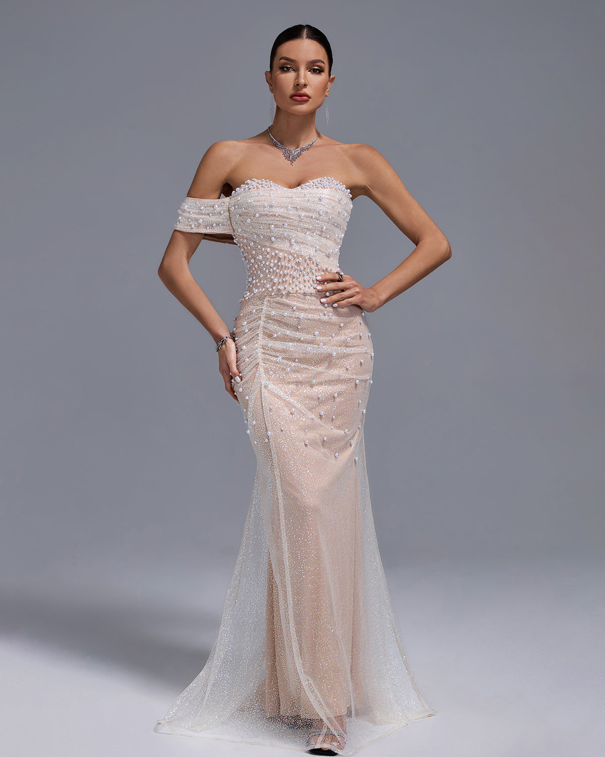 Off Shoulder Pearl Beaded Gauze Maxi Dress