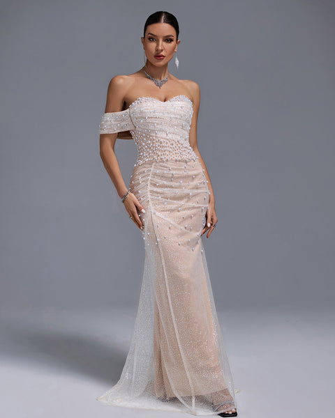 Off Shoulder Pearl Beaded Gauze Maxi Dress