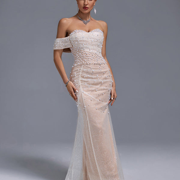 Off Shoulder Pearl Beaded Gauze Maxi Dress