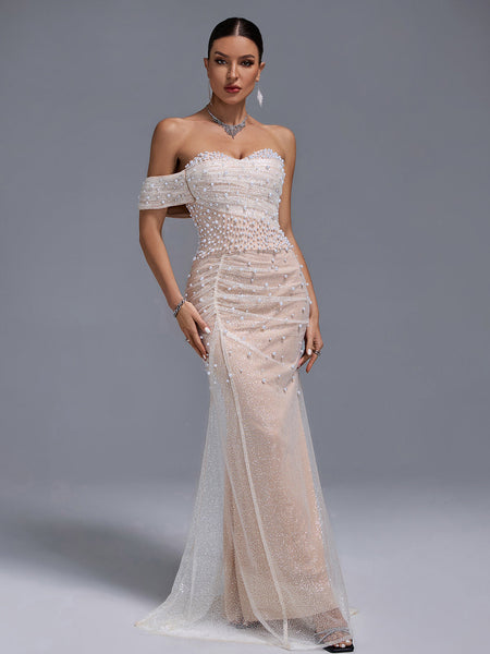 Off Shoulder Pearl Beaded Gauze Maxi Dress - Opulent Empire