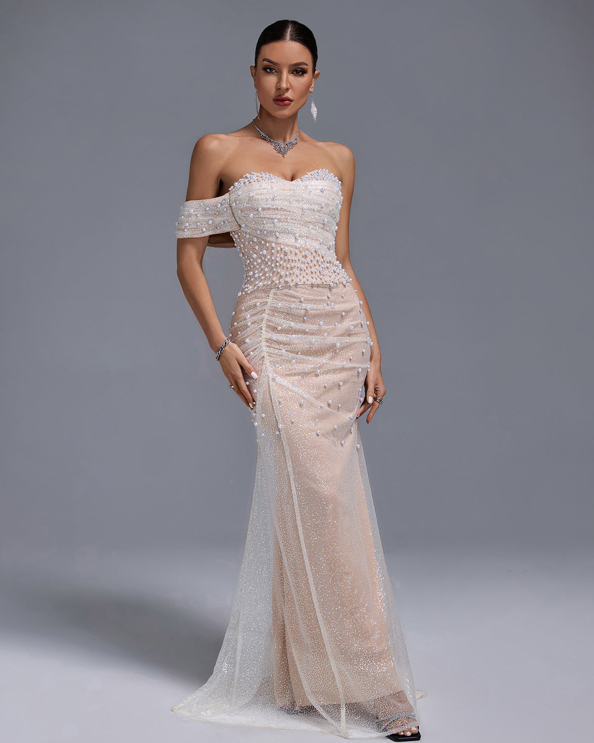 Marielle — Off Shoulder Pearl Beaded Gauze Maxi Dress, alternate view 5
