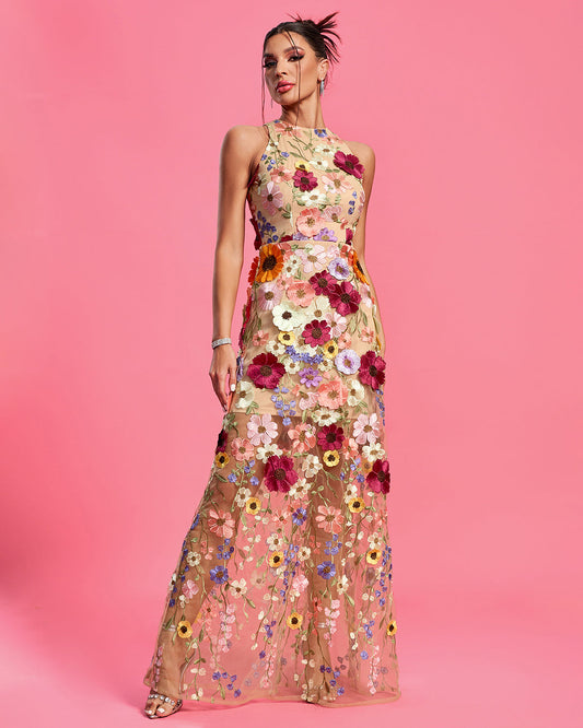 Maraya Floral Applique Maxi Dress - Opulent Empire