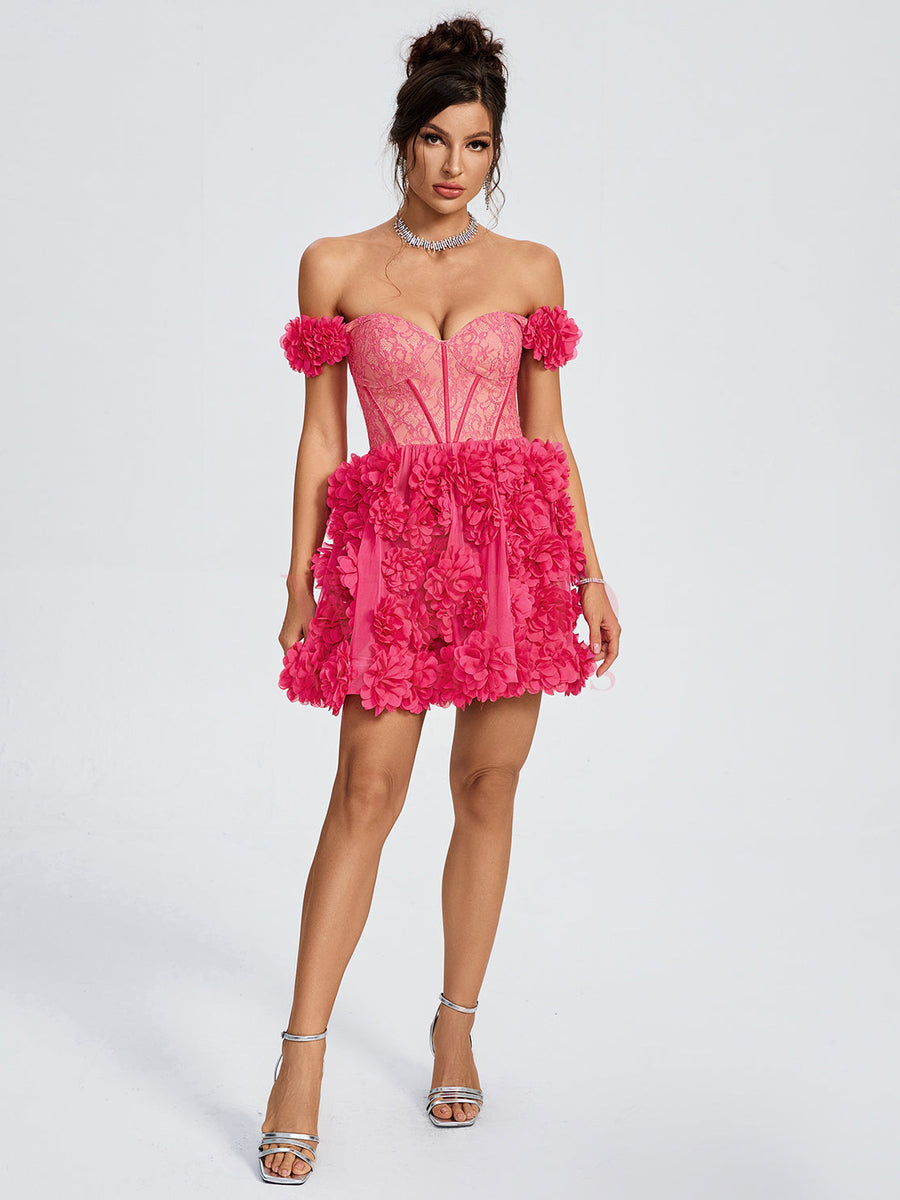 Lace Corset A-line 3D Flowers Mini Dress