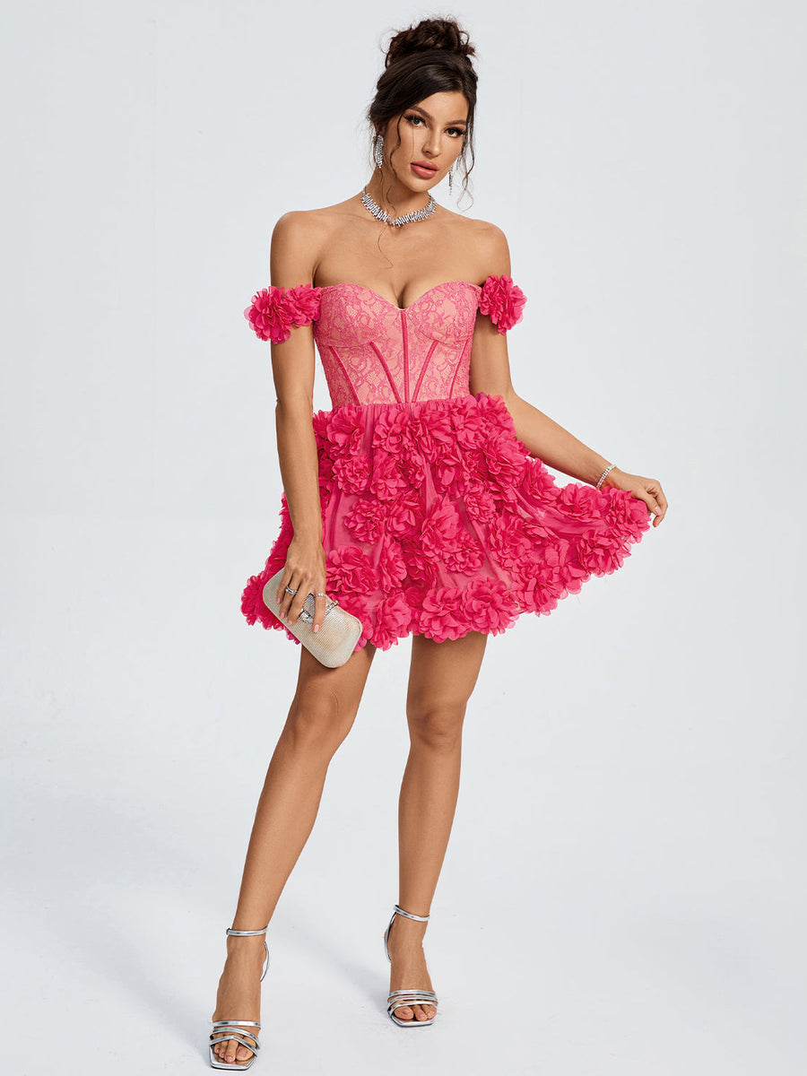 Lace Corset A-line 3D Flowers Mini Dress