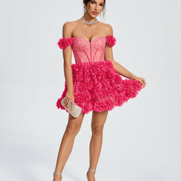 Lace Corset A-line 3D Flowers Mini Dress