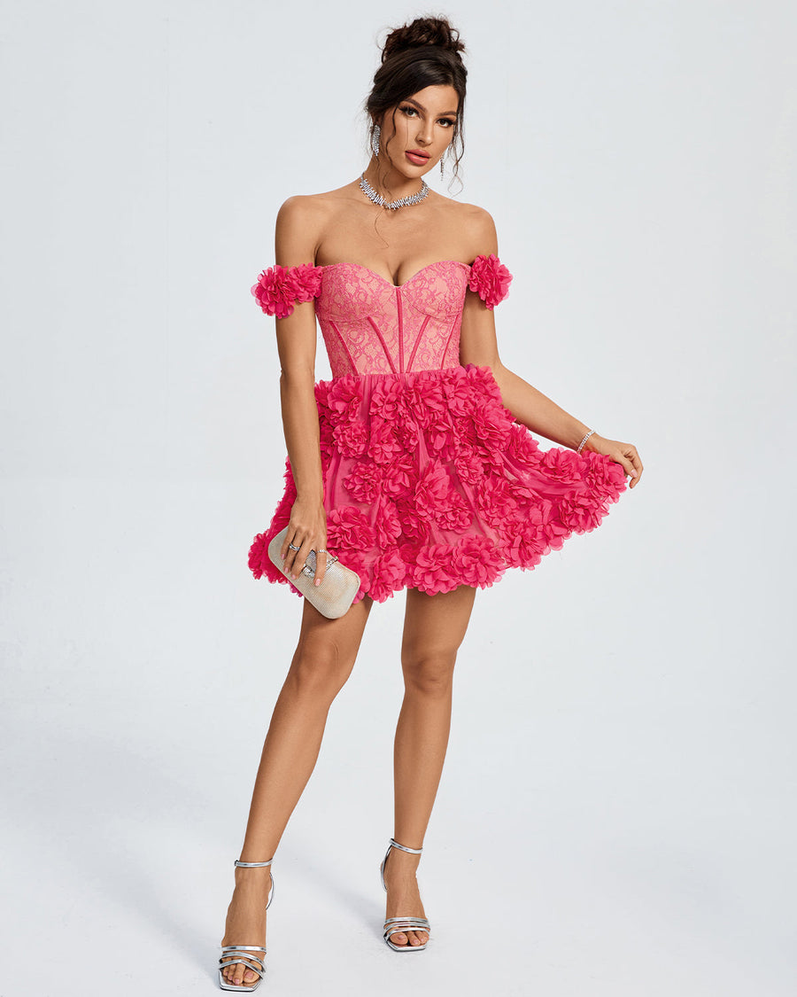 Rain Lefèvre — Lace Corset A-line 3D Flowers Mini Dress
