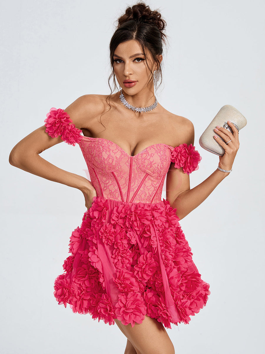Lace Corset A-line 3D Flowers Mini Dress