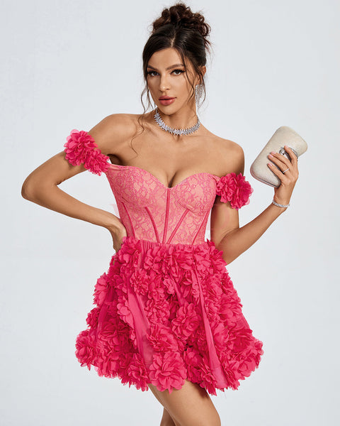 Lace Corset A-line 3D Flowers Mini Dress