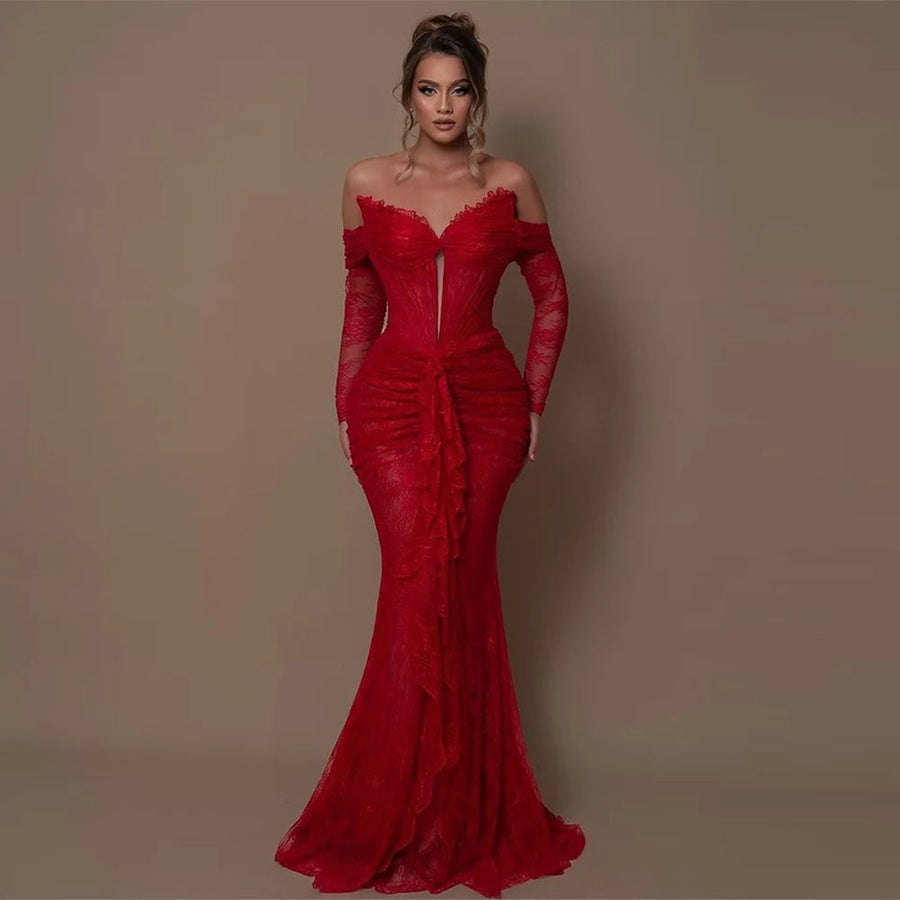 Off Shoulder Long Sleeve Lace Maxi Bodycon Dress HT1108